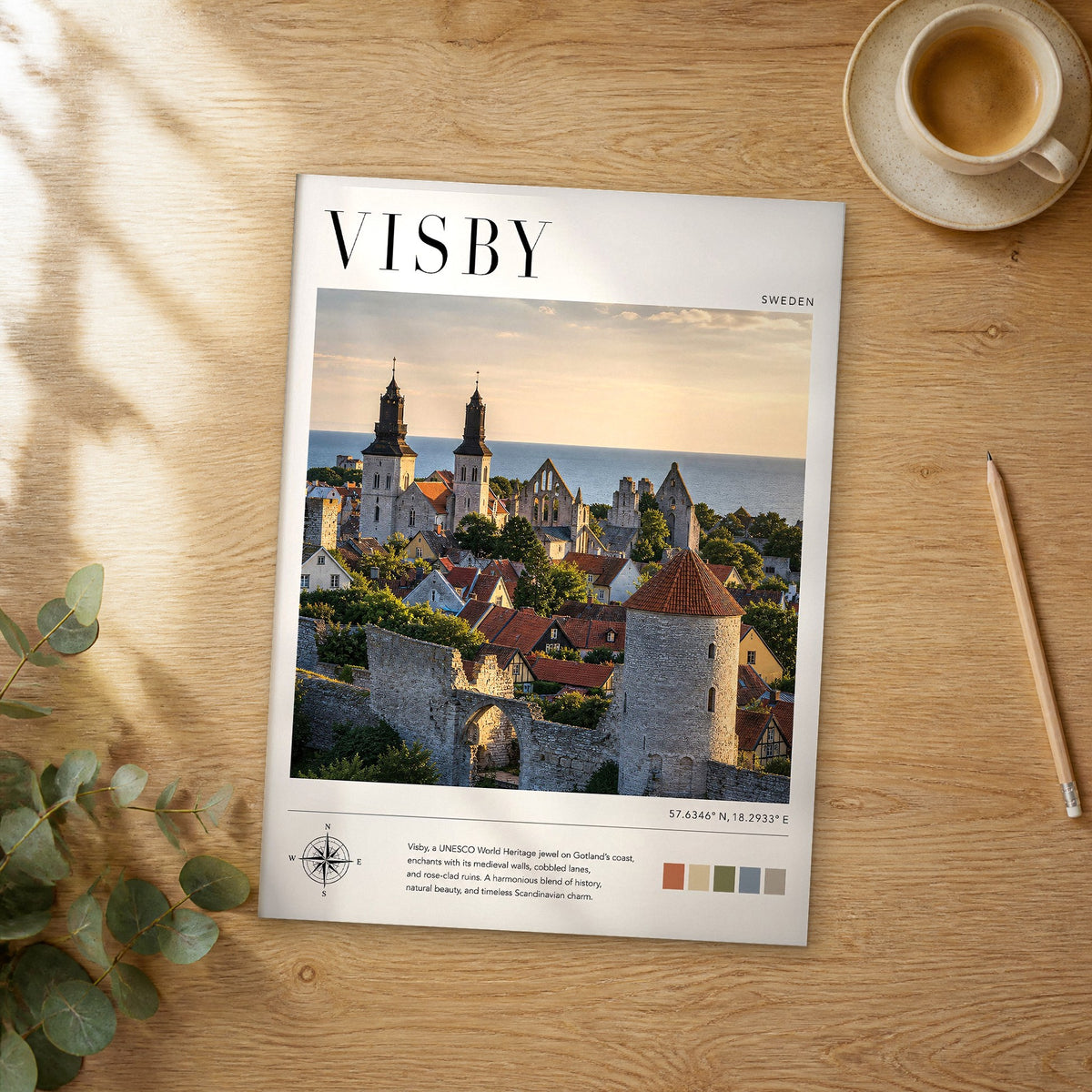 Unframed Visby modern photography travel poster on a wooden table