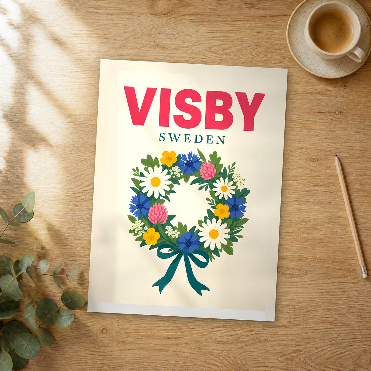 Unframed Visby pop art travel poster on a wooden table