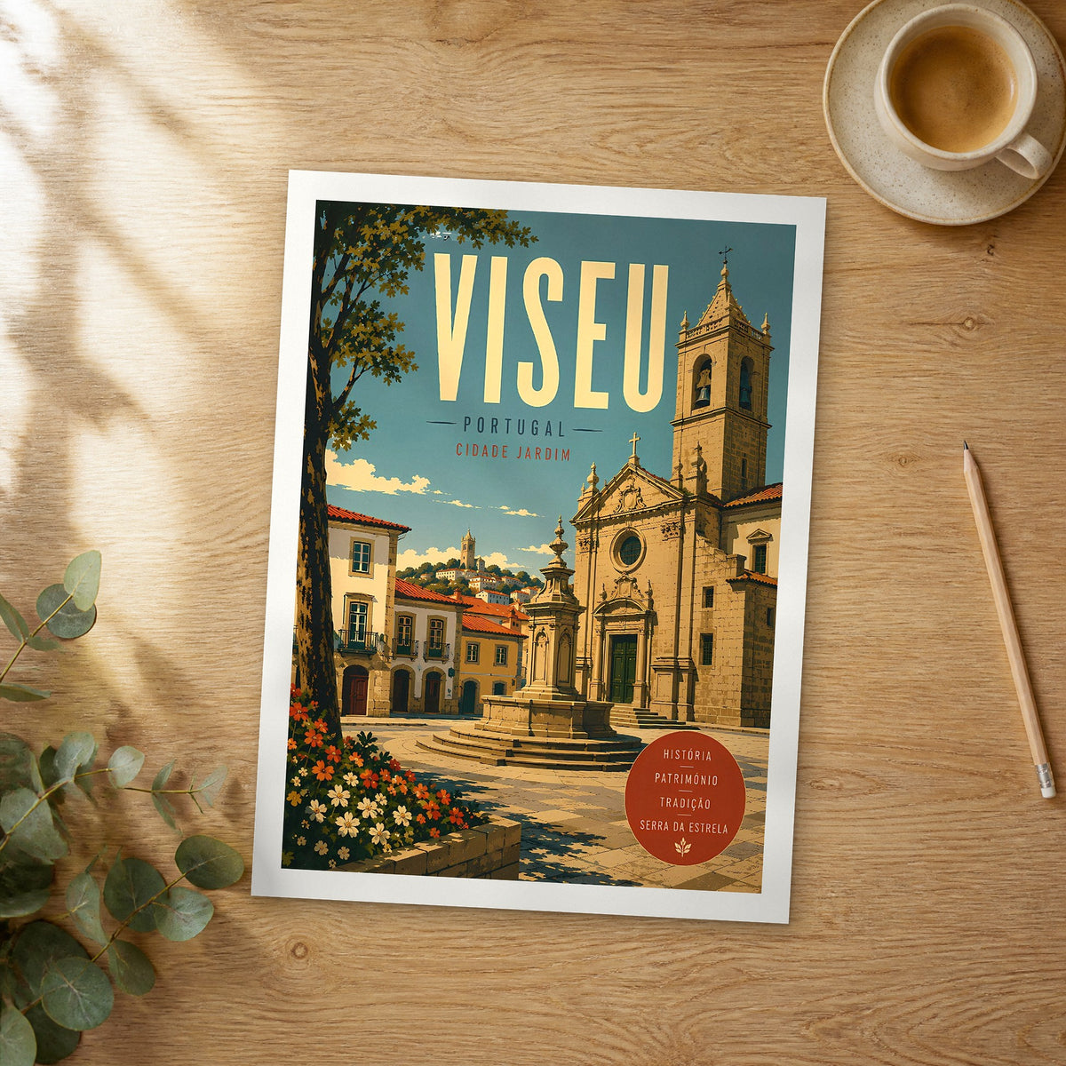 Unframed Viseu retro travel poster on a wooden table