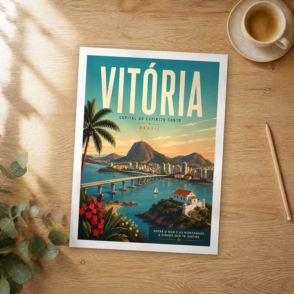 Unframed Vitória retro travel poster on a wooden table
