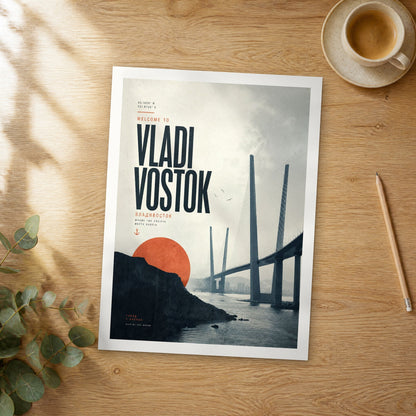 Unframed Vladivostok bold typography travel poster on a wooden table