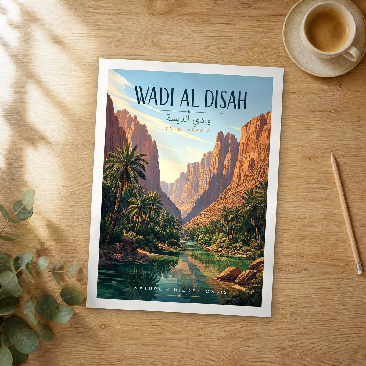 Unframed Wadi Al Disah retro travel poster on a wooden table