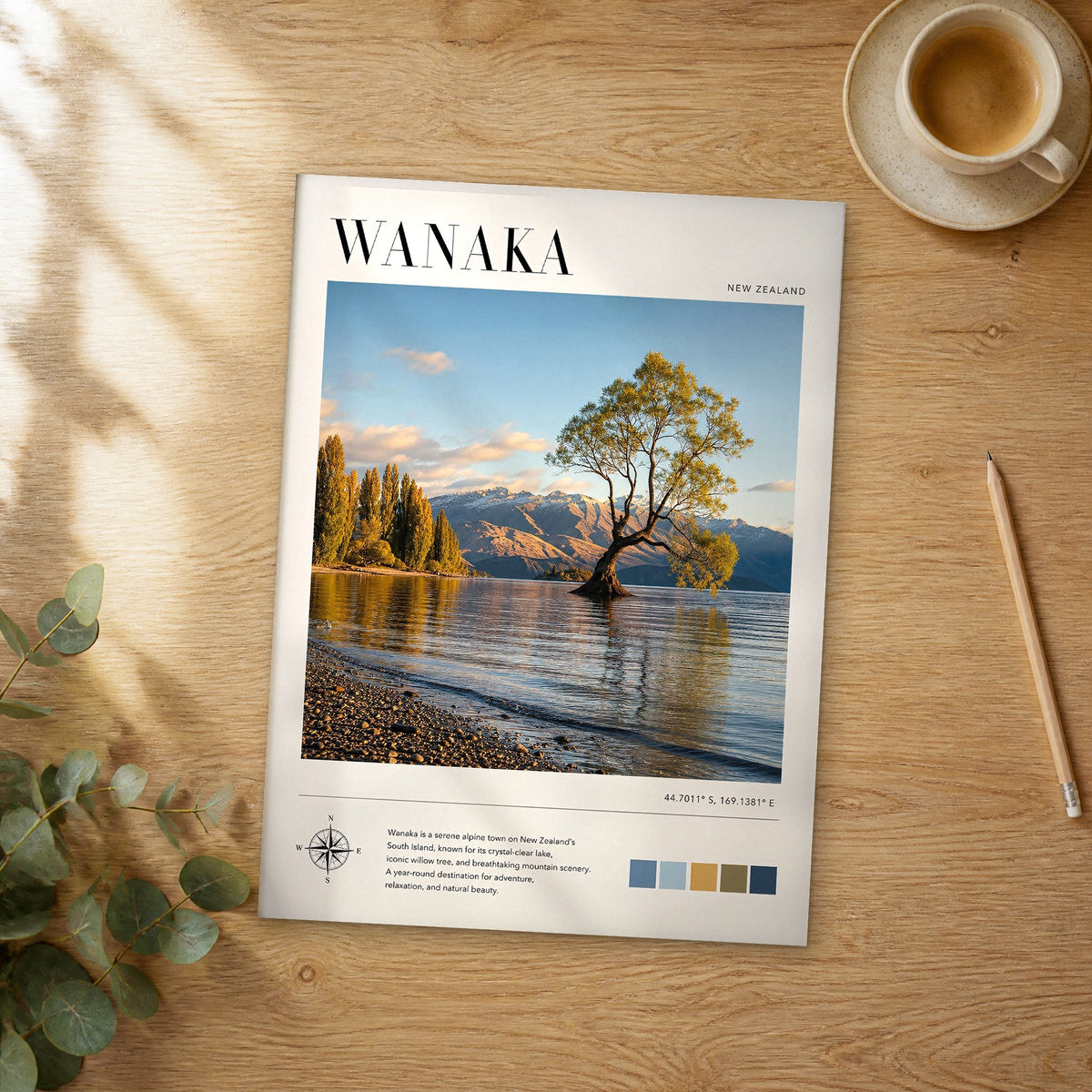 Unframed Wanaka modern photography travel poster on a wooden table