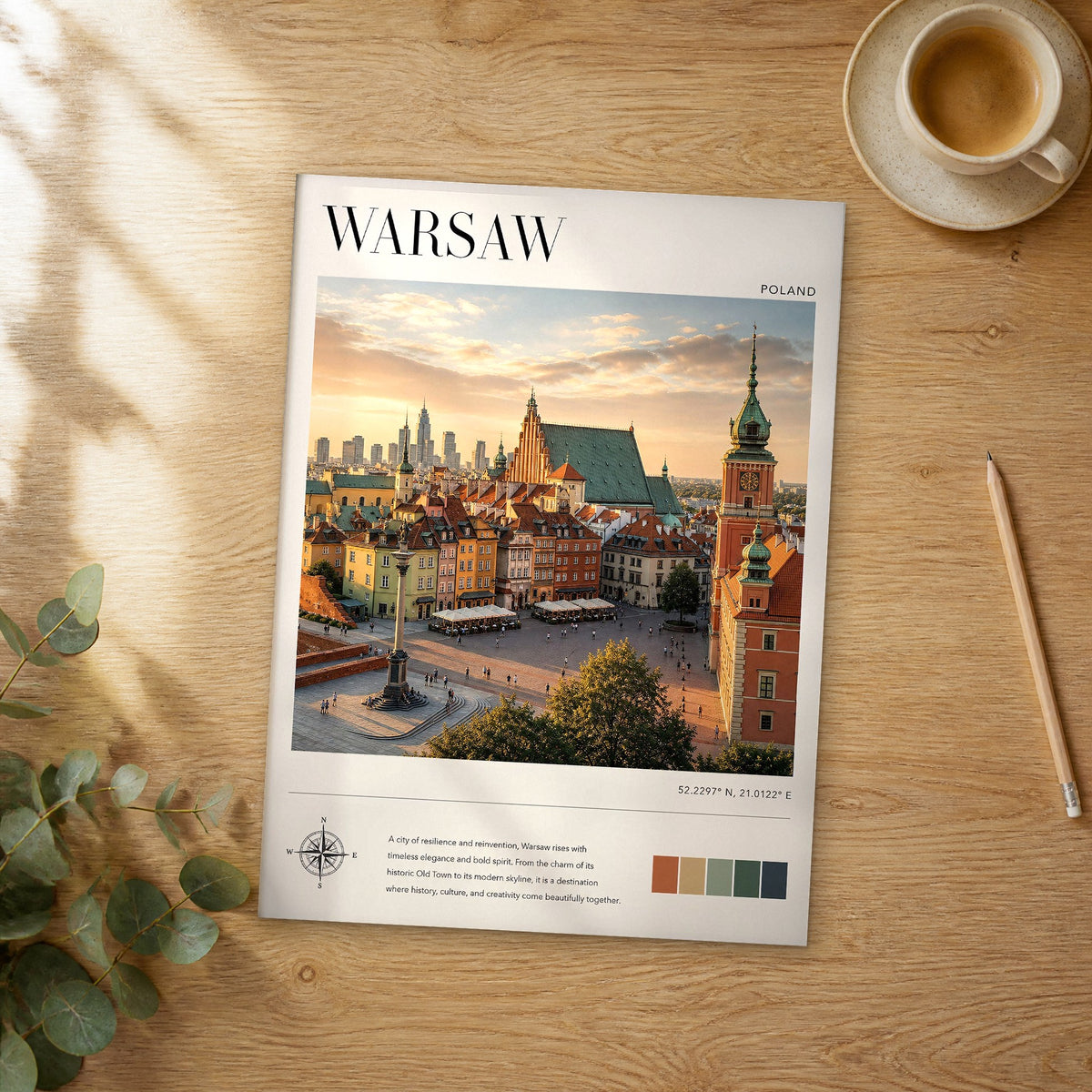 Unframed Warsaw modern photography travel poster on a wooden table