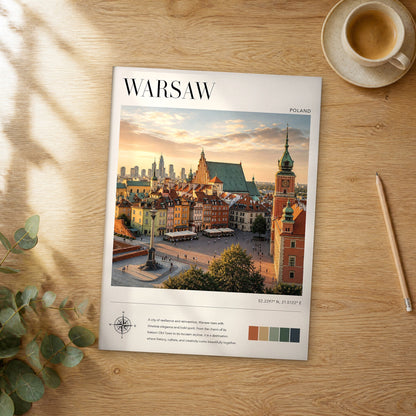 Unframed Warsaw modern photography travel poster on a wooden table