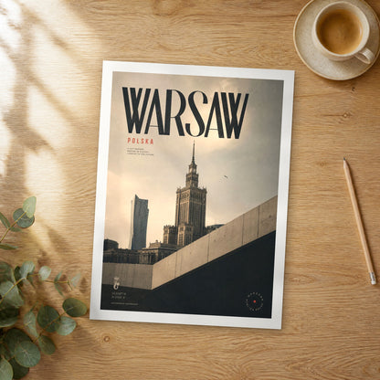 Unframed Warsaw Palace of Culture bold typography travel poster on a wooden table