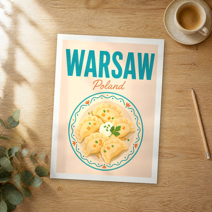 Unframed Warsaw pop art travel poster on a wooden table
