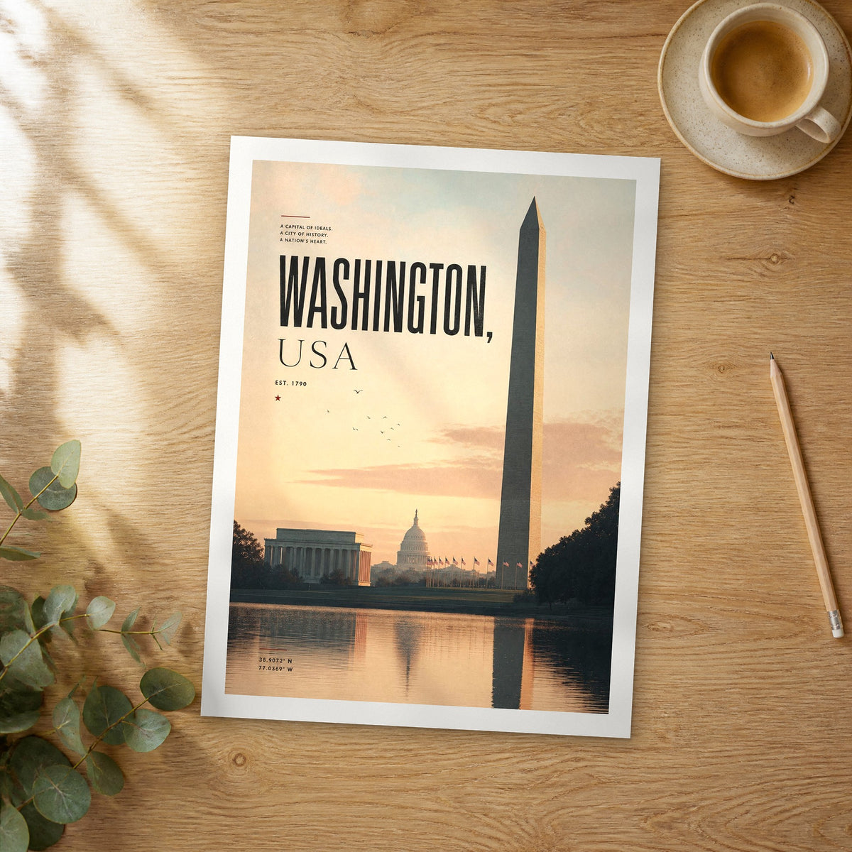 Unframed Washington bold typography travel poster on a wooden table