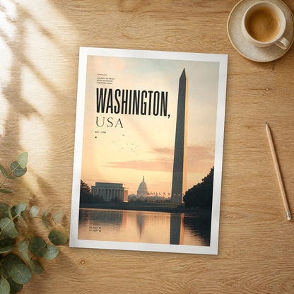 Unframed Washington bold typography travel poster on a wooden table