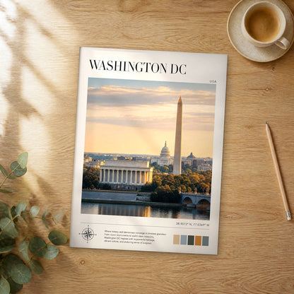 Unframed Washington DC modern photography travel poster on a wooden table