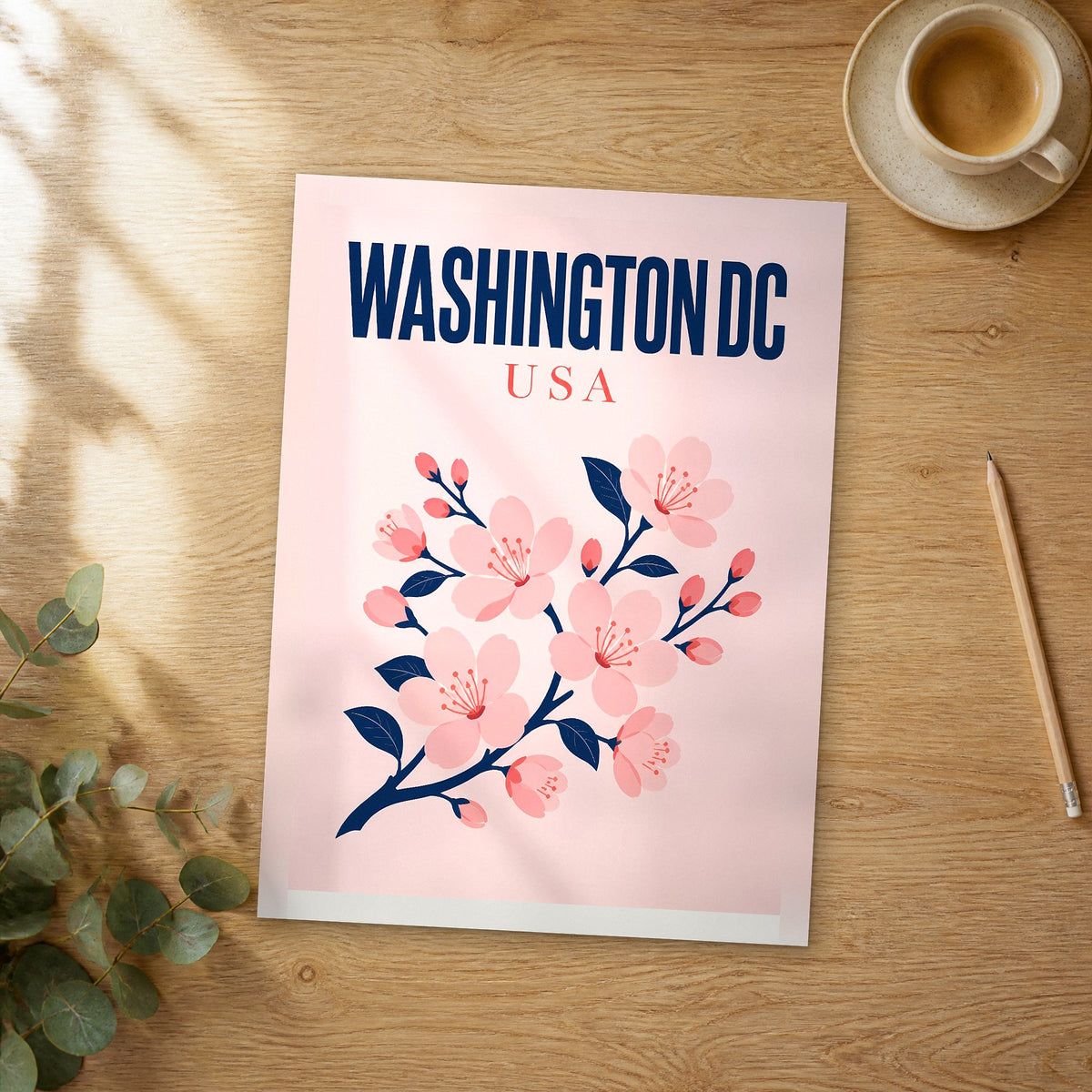 Unframed Washington DC pop art travel poster on a wooden table