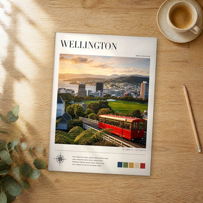 Unframed Wellington modern photography travel poster on a wooden table