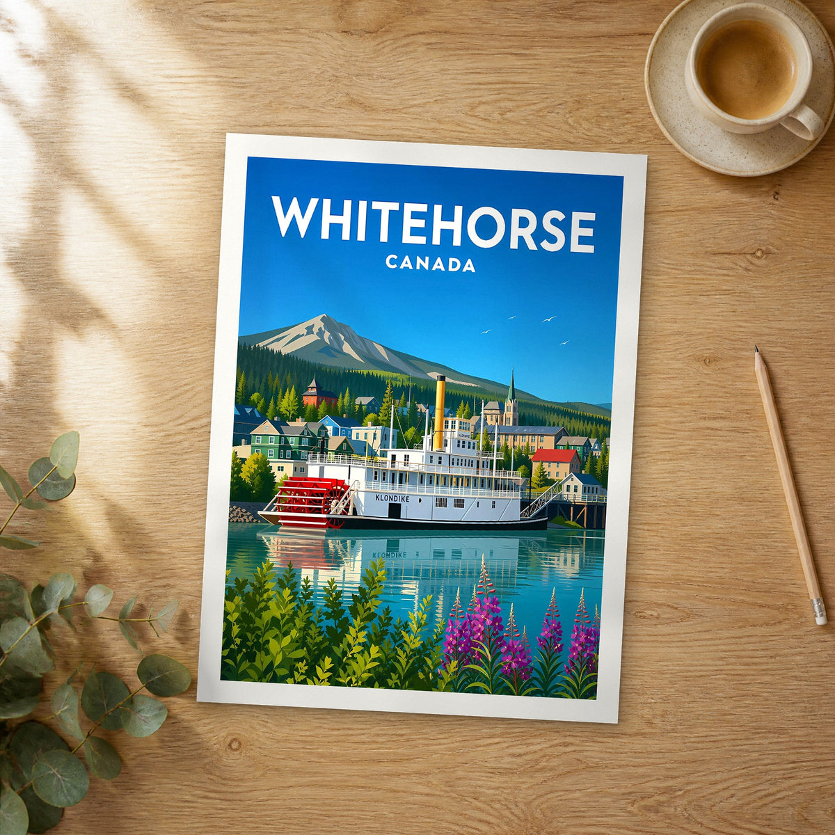 Unframed Whitehorse vibrant digital travel poster on a wooden table