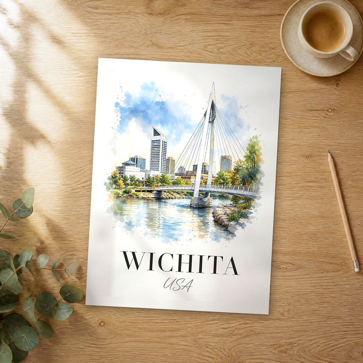 Unframed Wichita watercolor travel poster on a wooden table