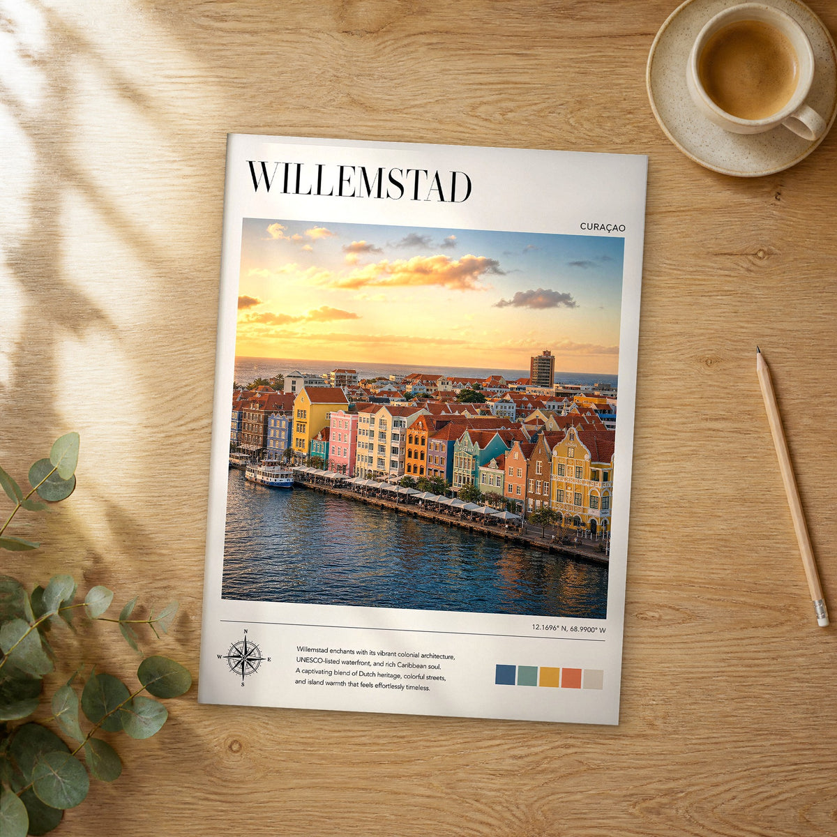 Unframed Willemstad modern photography travel poster on a wooden table