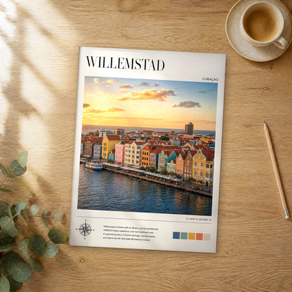 Unframed Willemstad modern photography travel poster on a wooden table