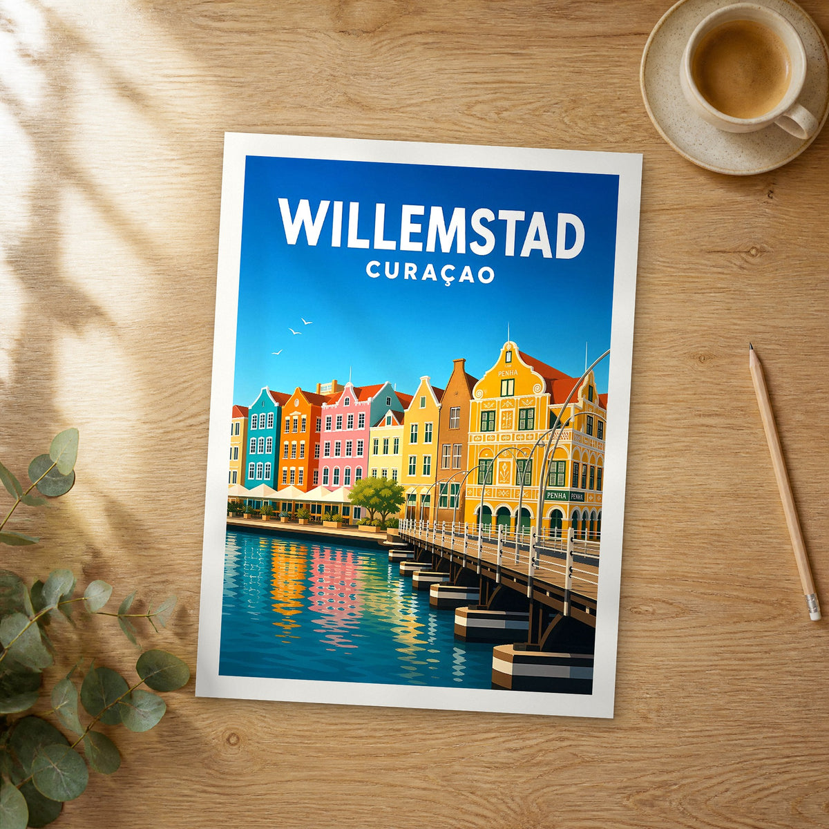 Unframed Willemstad vibrant digital travel poster on a wooden table