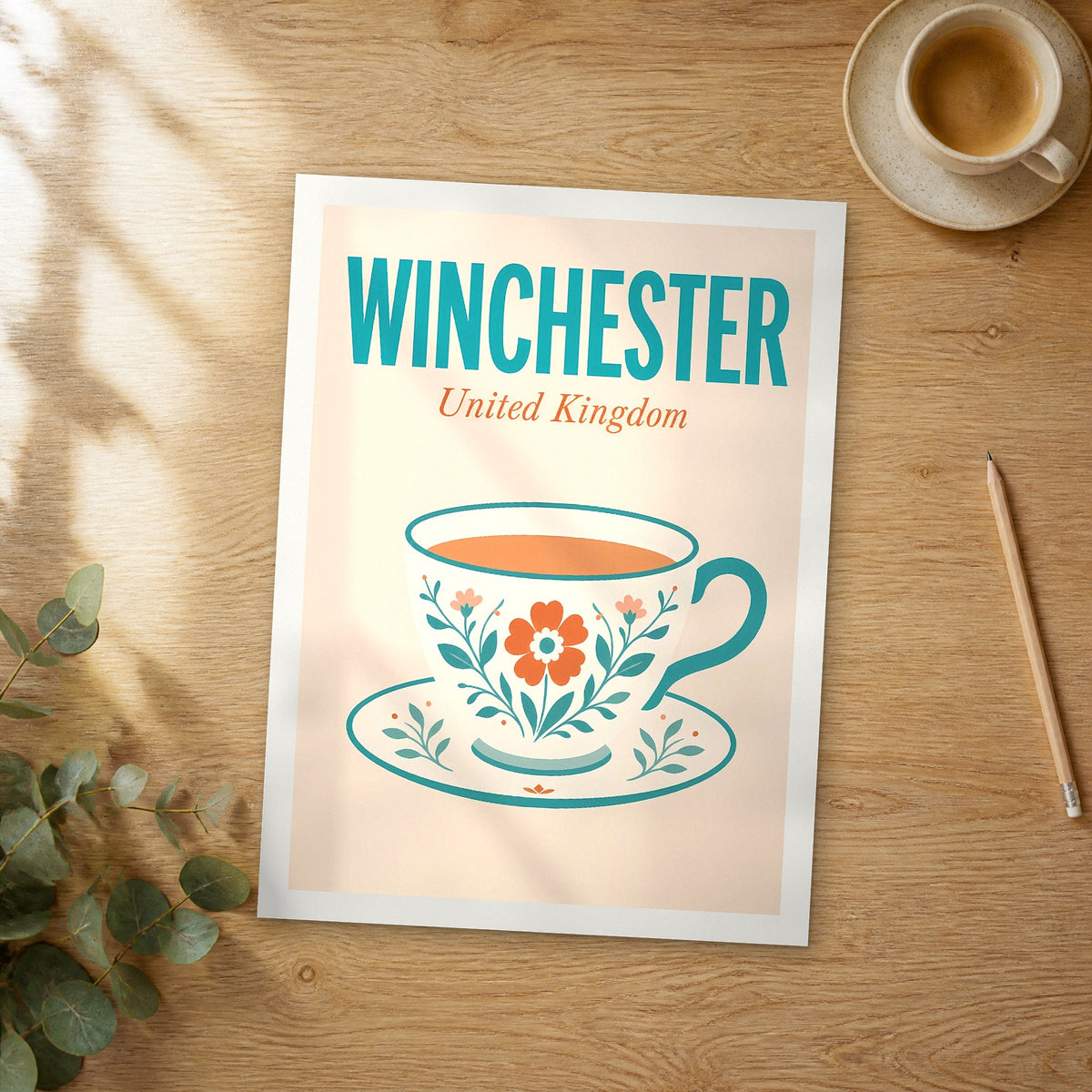 Unframed Winchester pop art travel poster on a wooden table