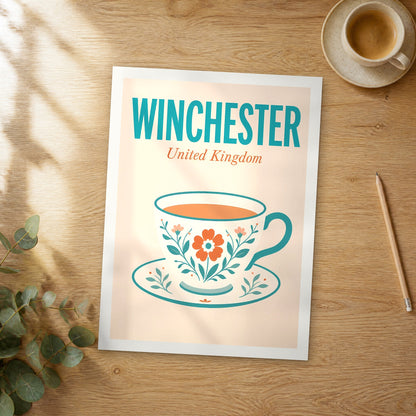 Unframed Winchester pop art travel poster on a wooden table