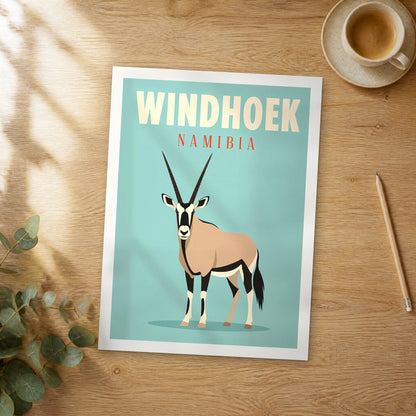 Unframed Windhoek pop art travel poster on a wooden table