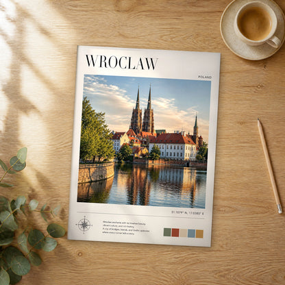 Unframed Wroclaw modern photography travel poster on a wooden table