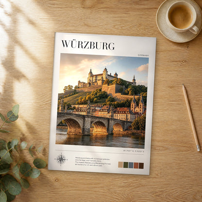 Unframed Würzburg modern photography travel poster on a wooden table