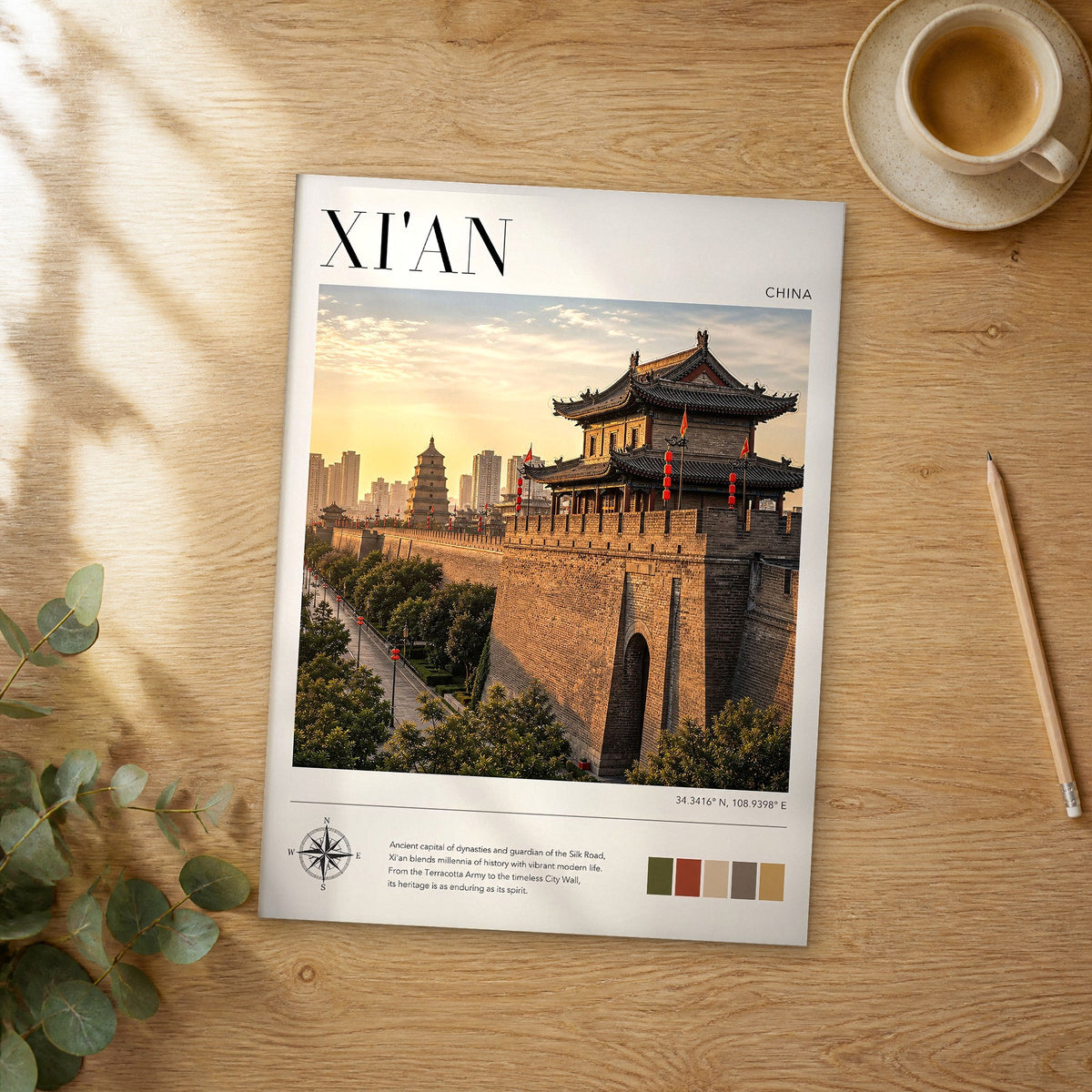 Unframed Xi'an modern photography travel poster on a wooden table