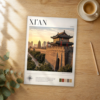 Unframed Xi'an modern photography travel poster on a wooden table
