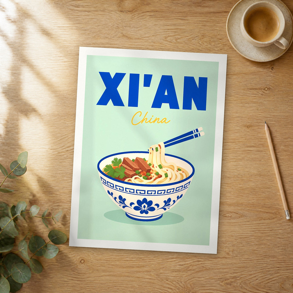Unframed Xi'an pop art travel poster on a wooden table