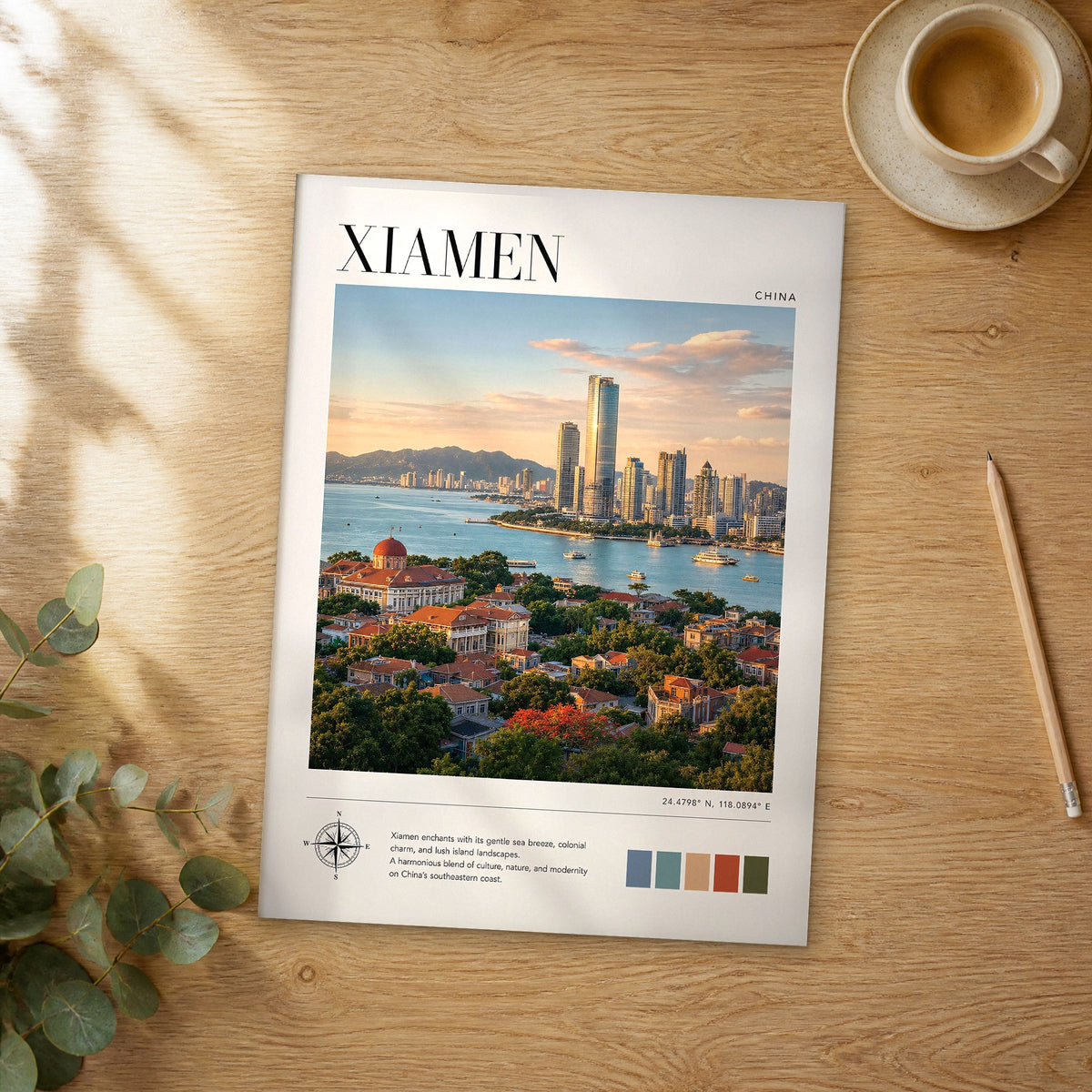 Unframed Xiamen modern photography travel poster on a wooden table