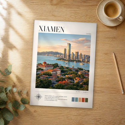 Unframed Xiamen modern photography travel poster on a wooden table