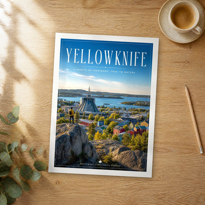 Unframed Yellowknife editorial travel poster on a wooden table