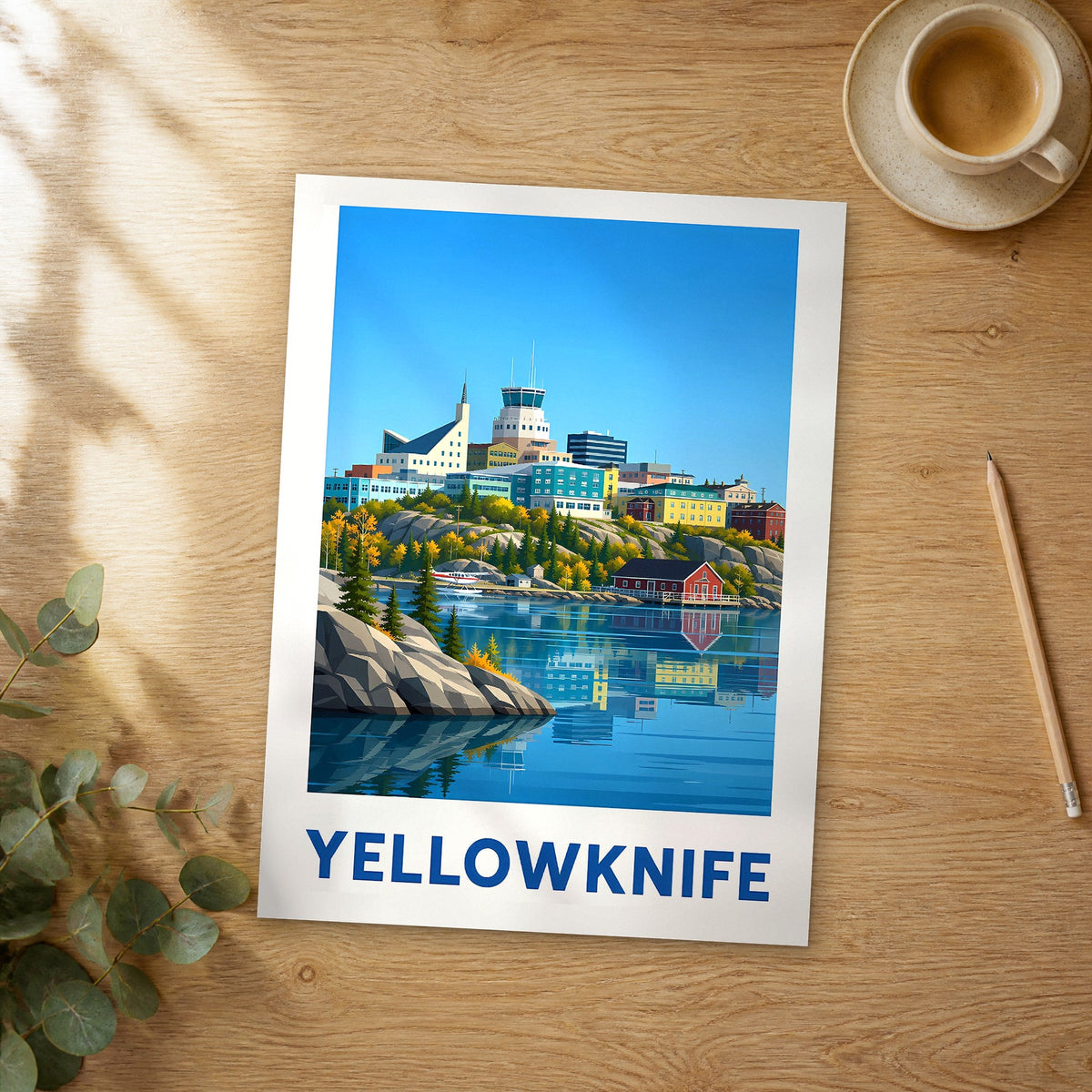 Unframed Yellowknife modern digital travel poster on a wooden table