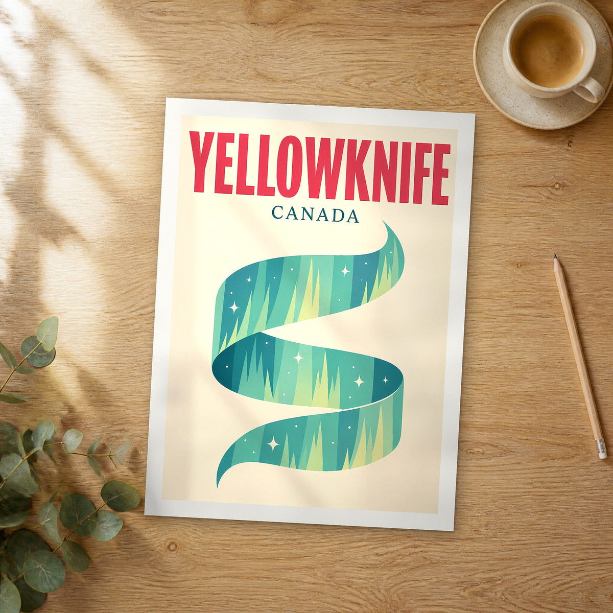 Unframed Yellowknife pop art travel poster on a wooden table