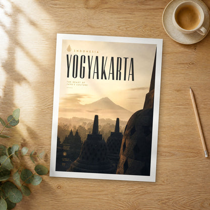 Unframed Yogyakarta bold typography travel poster on a wooden table