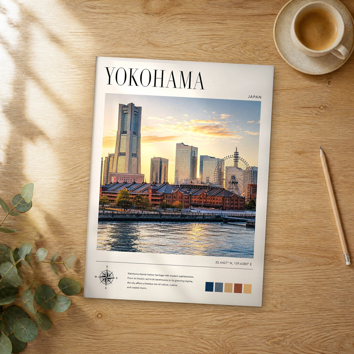Unframed Yokohama modern photography travel poster on a wooden table