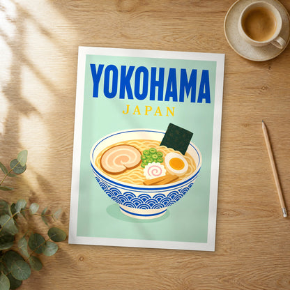 Unframed Yokohama pop art travel poster on a wooden table