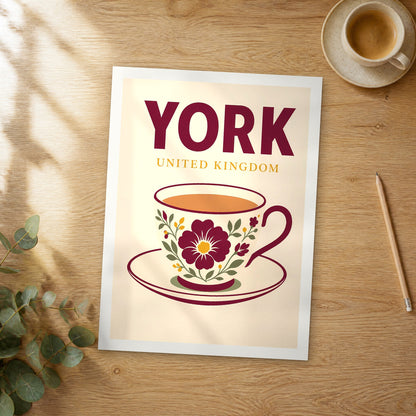 Unframed York pop art travel poster on a wooden table