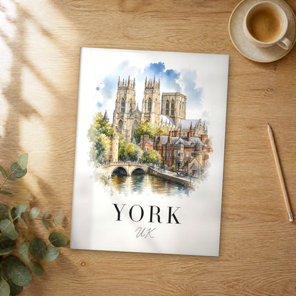 Unframed York watercolor travel poster on a wooden table