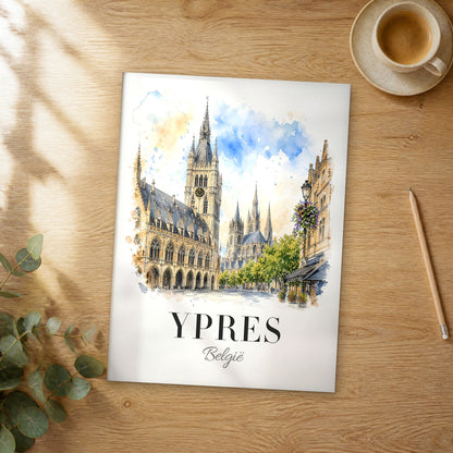 Unframed Ypres watercolor travel poster on a wooden table