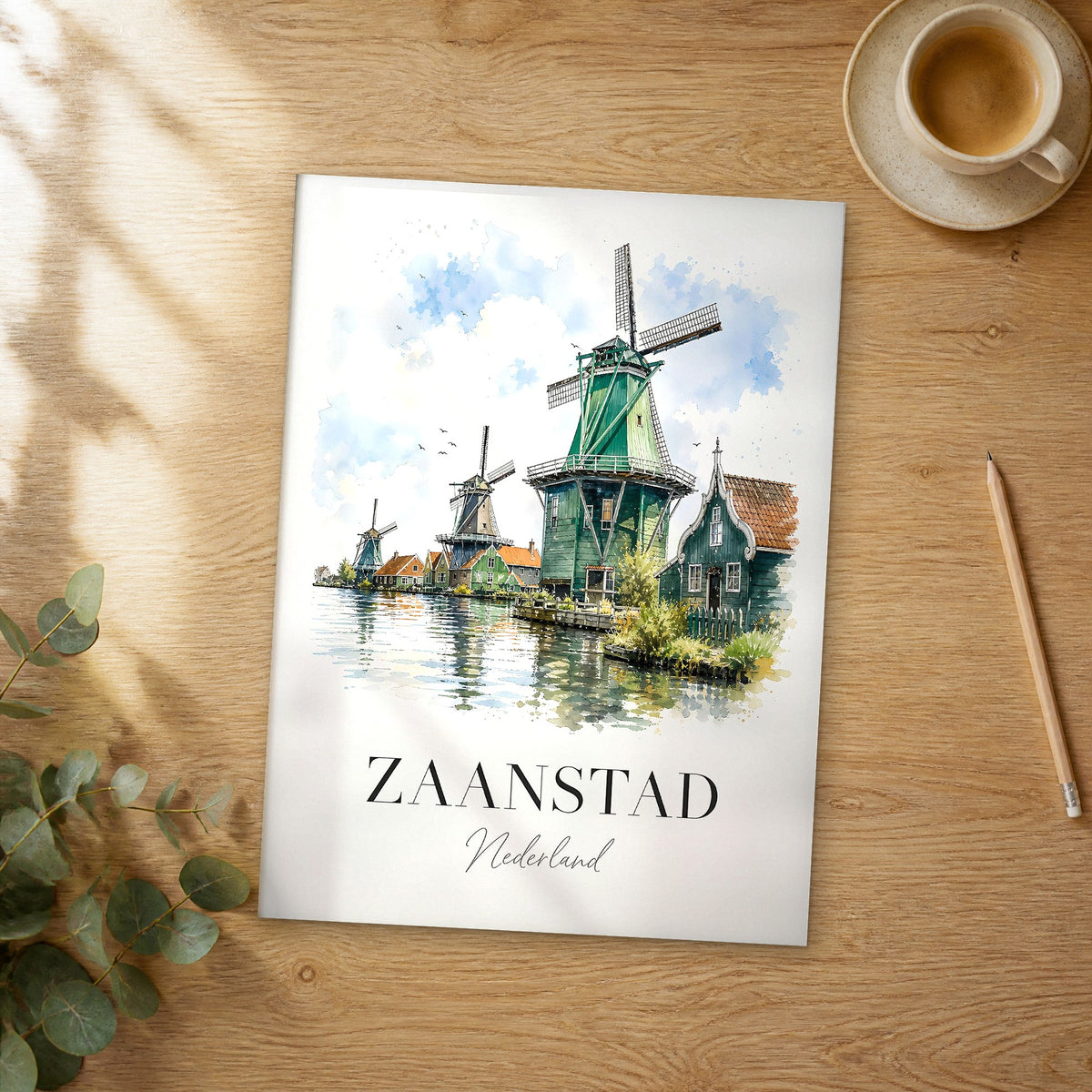 Unframed Zaanstad watercolor travel poster on a wooden table