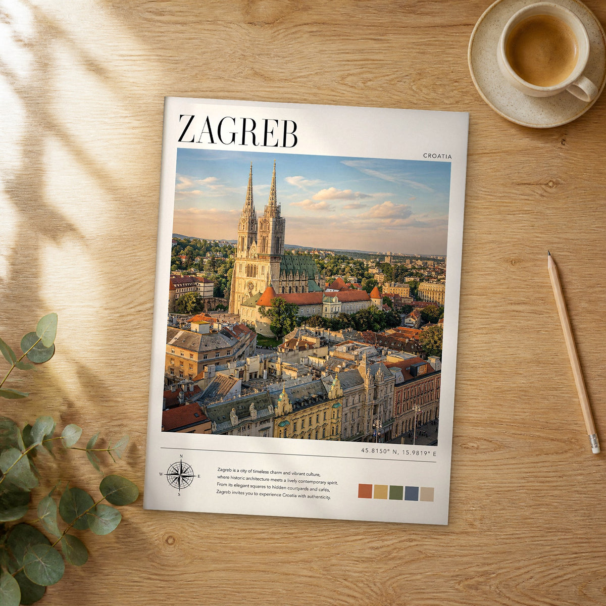 Unframed Zagreb modern photography travel poster on a wooden table