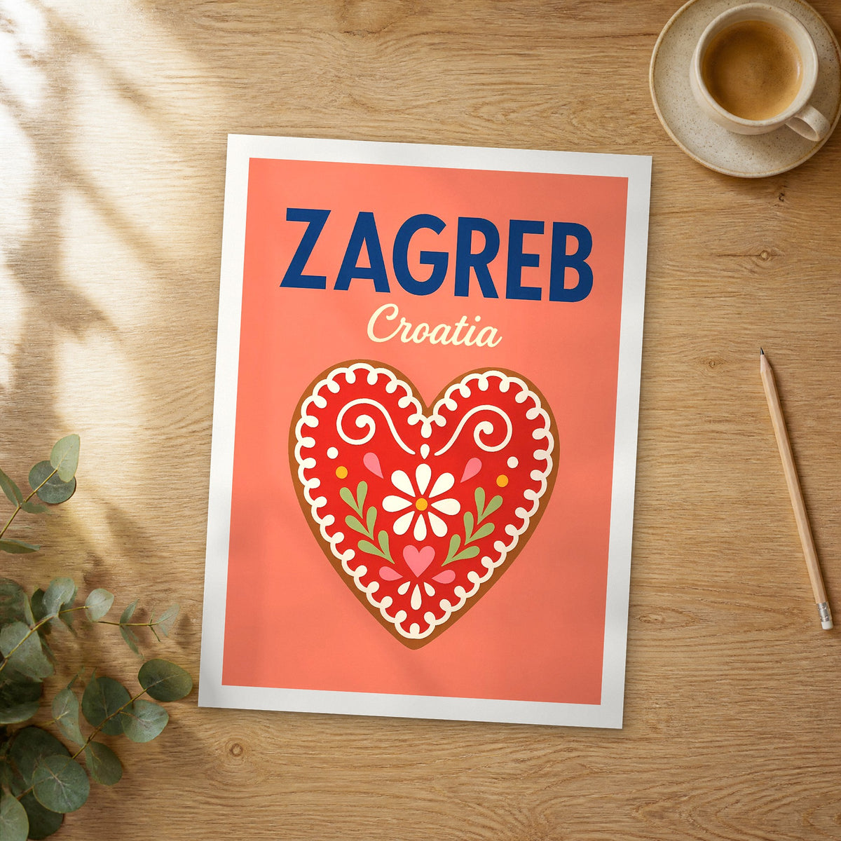 Unframed Zagreb pop art travel poster on a wooden table