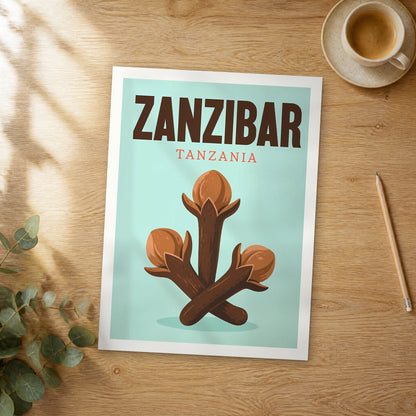 Unframed Zanzibar pop art travel poster on a wooden table