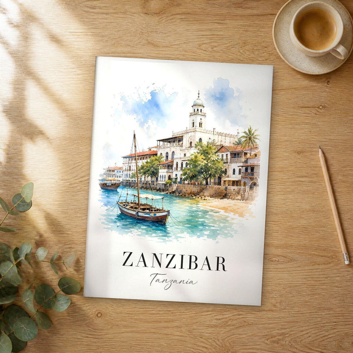 Unframed Zanzibar watercolor travel poster on a wooden table
