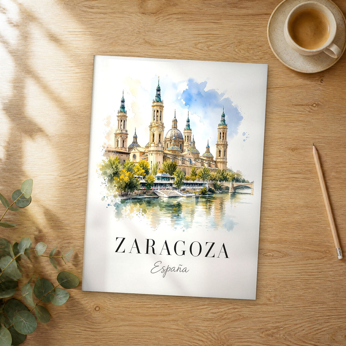Unframed Zaragoza watercolor travel poster on a wooden table