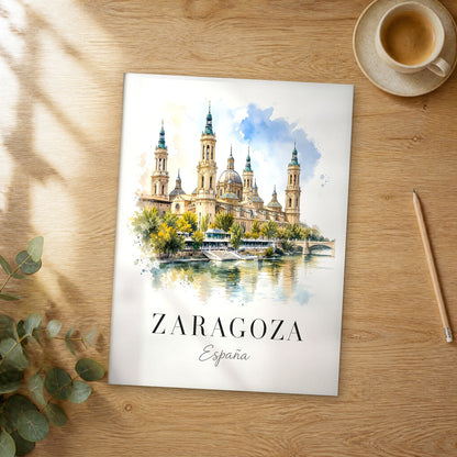 Unframed Zaragoza watercolor travel poster on a wooden table