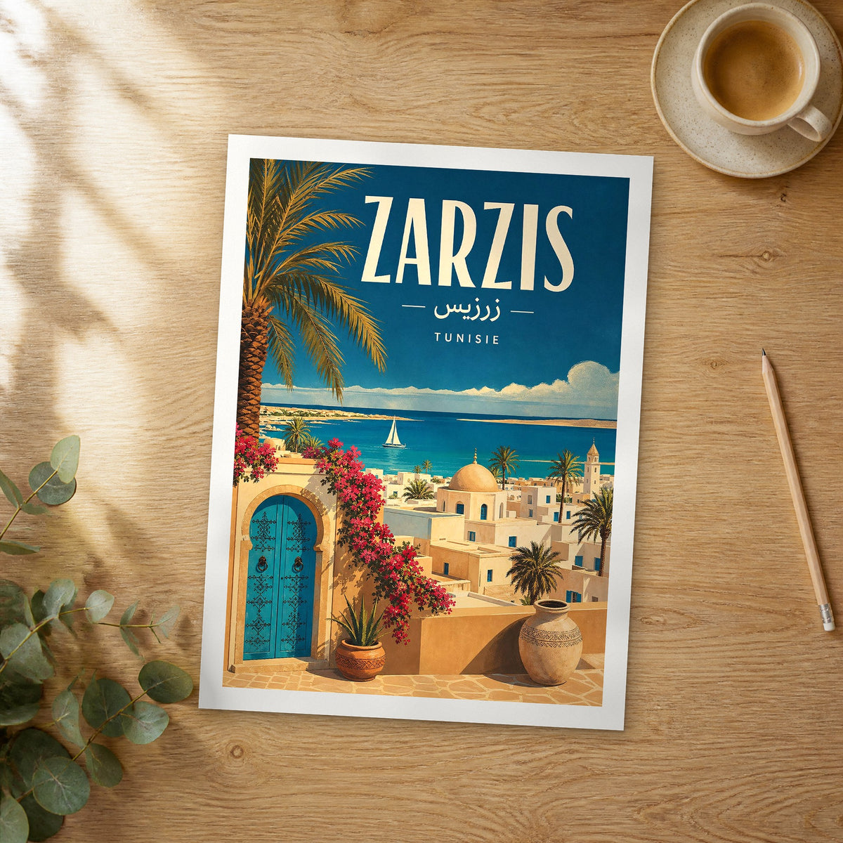 Unframed Zarzis retro travel poster on a wooden table