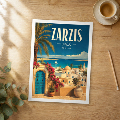 Unframed Zarzis retro travel poster on a wooden table
