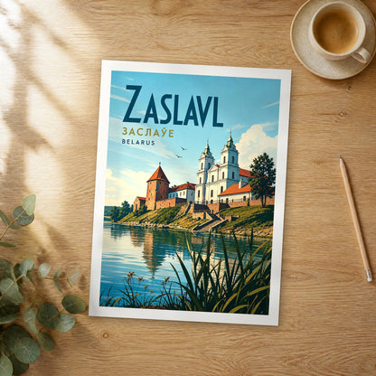 Unframed Zaslavl retro travel poster on a wooden table